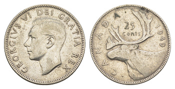 Канада 25 центов 1949 Георг VI (1936-1952), олень KM 44 серебро 4631-854