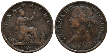 Великобритания 1 фартинг 1860 Виктория (1837-1901), зубчатая кайма KM 747.2, Spink 3958 бронза  1518-1043