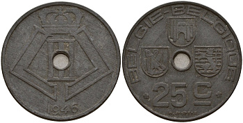 Бельгия 25 сантимов 1946 Belgie - Belgique, Леопольд III (1934-1947), германская оккупация, Вторая мировая война KM 132 цинк 4157-713