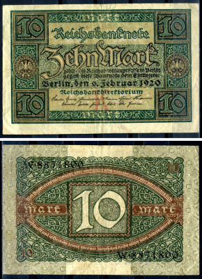 Германия 10 марок 1920 буква K, серия W, номер семизначный Pick 67a, Rosenberg 63а бумага 8617-30-2-2