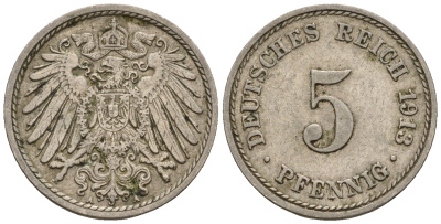 Германия 5 пфеннигов 1913 A, KM 11, J. 12 медно-никель 220-654