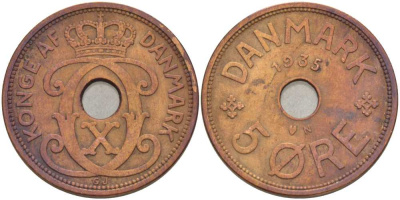 ДАНИЯ 5 ЭРЕ 1935 N ; GJ, КРИСТИАН X (1912-1947) KM 828.2 бронза 38-345