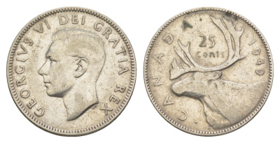 Канада 25 центов 1949 Георг VI (1936-1952), олень KM 44 серебро 4631-854