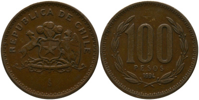 Чили 100 песо 1994 So KM 226.2, Schon 71 алюминиевая бронза 4544-1153