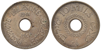 Израиль, Палестина 10 милсов 1941 Британская администрация, редкий год KM 4 медно-никель 1531-321