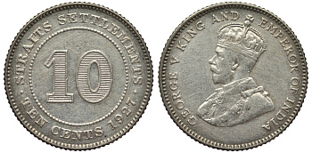 Стрейтс-Сетлментс 10 центов 1927 Георг V (1910-1936) КМ 29b серебро 53-654