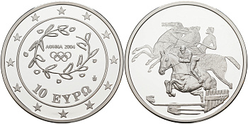 Греция 10 евро 2003 XXVIII летние Олимпийские игры 2004 года в Афинах, конный спорт, конкур KM 197 серебро PROOF 1074-9-31
