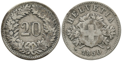 ШВЕЙЦАРИЯ 20 РАППЕНОВ 1850 BB KM 7 серебро 34-755