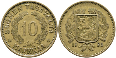 Финляндия 10 марок 1932 S KM 63 алюминиевая бронза 4388-1052