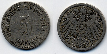 ГЕРМАНИЯ 5 ПФЕННИГОВ 1894 A, KM 11, J. 12 медно-никель 51-5243
