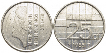 НИДЕРЛАНДЫ 25 ЦЕНТОВ 1985 БЕАТРИКС KM 204 никель 112-323