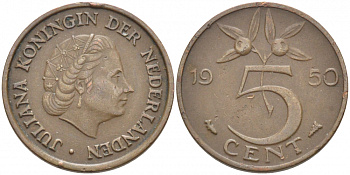 НИДЕРЛАНДЫ 5 ЦЕНТОВ 1950 ЮЛИАНА KM 181 бронза 3856-1144