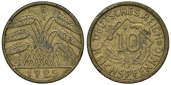 Германия 10 рейхспфеннигов 1925 G KM 40, J. 317 алюминиевая бронза 4121-915