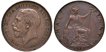 Великобритания 1/2 пенни 1921 Георг V (1910-1936) KM 809, Spink 4056 бронза 4122-727