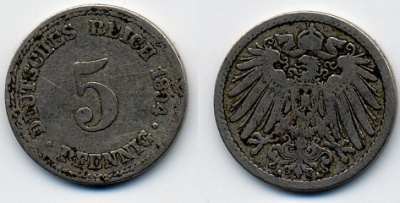 ГЕРМАНИЯ 5 ПФЕННИГОВ 1894 A, KM 11, J. 12 медно-никель 51-5243