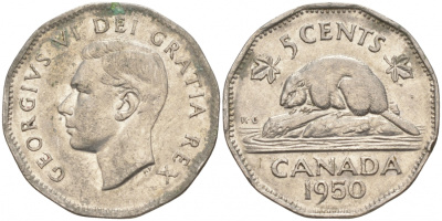 Канада 5 центов 1950 бобр, Георг VI (1937-1952) KM 42 никель 73-1351