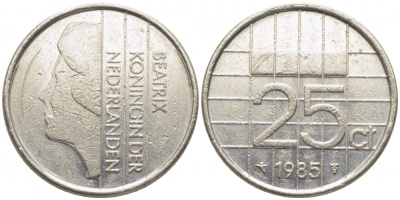 НИДЕРЛАНДЫ 25 ЦЕНТОВ 1985 БЕАТРИКС KM 204 никель 112-323