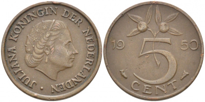 НИДЕРЛАНДЫ 5 ЦЕНТОВ 1950 ЮЛИАНА KM 181 бронза 3856-1144