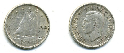 Канада 10 центов 1943 Георг VI (1936-1952), парусник KM 34 серебро 46-1242