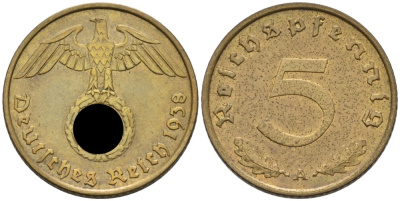 Германия 5 рейхспфеннигов 1938 A KM 91, J. 363 алюминиевая бронза 4567-1043