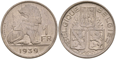 Бельгия 1 франк 1939 Belgie-Belgique, Леопольд III (1934-1947) KM 120 никель 190-712