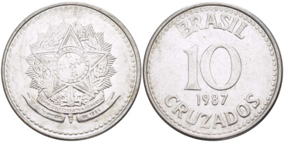 Бразилия 10 крузадо 1987 реформа 1986-1989 KM 607 нержавеющая сталь 175-327