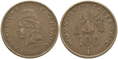 Французская Новая Каледония 100 франков 2004 хижина среди сосен и пальм, (IEOM) KM 15, Schoen 16, Lec 139h никель бронза 111-413