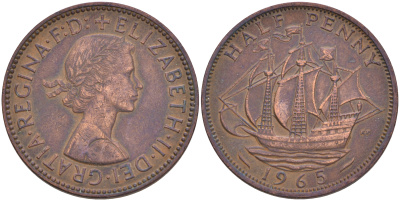 Великобритания 1/2 пенни 1965 Елизавета II (1952-2022) KM 896, Spink 4158 бронза 4561-535