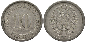 ГЕРМАНИЯ 10 ПФЕННИГОВ 1888 J, СТАРОГЕРБОВКА KM 4, Jager 4, Weege 7 медно-никель 4543-614