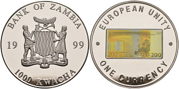 Замбия 1000 квача 1999 серия европейский союз - одна валюта, 200 евро реверс, серебрение KM 131 медь никель цинк 1098-3-54