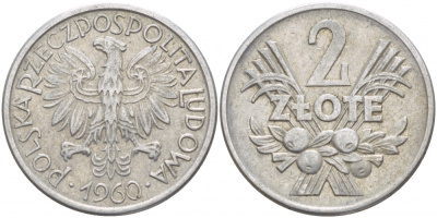 Польша 2 злотых 1960 MW KM 46, Parchimowicz 216c алюминий 4545-336