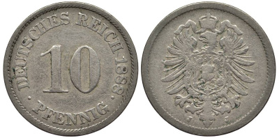 ГЕРМАНИЯ 10 ПФЕННИГОВ 1888 J, СТАРОГЕРБОВКА KM 4, Jager 4, Weege 7 медно-никель 4543-614