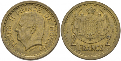 Монако 2 франка 1945 Луи II (1922-1949) KM 121а алюминиевая бронза 73-1426