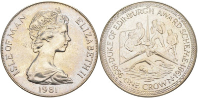 Остров Мэн 1 крона 1981 приз герцога Эдинбургского, альпинизм, плавание, уход за больными KM 75 медно-никель UNC 118-335