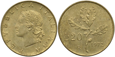 Италия 20 лир 1972 R, дубовая ветвь KM 97.2 алюминиевая бронза 4171-911