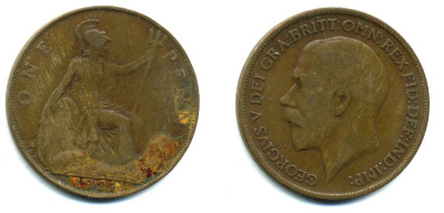 Великобритания 1 пенни 1921 Георг V (1910-1936) KM 810, Spink 4051 бронза 41-514