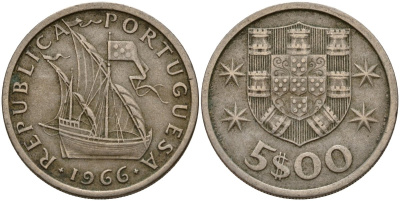Португалия 5 эскудо 1966 парусник KM 591 медно-никель 4156-536