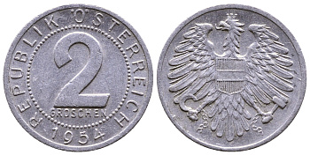 АВСТРИЯ 2 ГРОША 1954 КМ 2876 алюминий 35-123