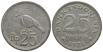 Индонезия 25 рупий 1971 венценосный голубь KM 34 медно-никель 4384-143