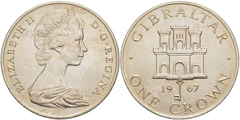 Гибралтар 1 крона 1967 Елизавета II (1952-2022), старый замок, первый год чекана KM 4 медно-никель UNC 4527-424