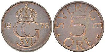 Швеция 5 эре 1978 Карл XVI Густав (1973- ) KM 849 медь олово цинк 214-548