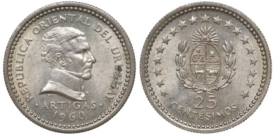 Уругвай 25 сентесимо 1960 KM 40 медно-никель 4169-1031