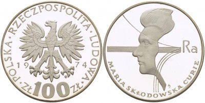 Польша 100 злотых 1974 MW, 40 лет со дня смерти Марии Склодовской-Кюри (1867-1934) KM 71, Parchimowicz 270 серебро PROOF 11-271-45