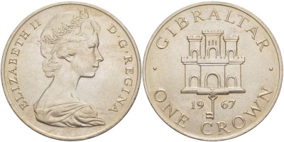 Гибралтар 1 крона 1967 Елизавета II (1952-2022), старый замок, первый год чекана KM 4 медно-никель UNC 4527-424