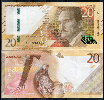 Перу 20 солей 2022 Хосе Мария Аргедас, кондор, цветок кантута  Pick 197  бумага  UNC (пресс) 7200-16-3
