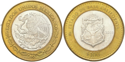 Мексика 100 песо 2005 180 лет Федерации - Нижняя Калифорния KM 723 биметалл, серебро BU 00-1067-7-13