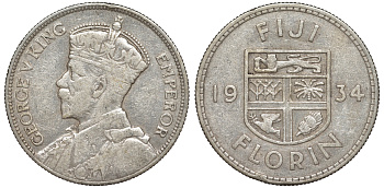 Фиджи 1 флорин 1934 Георг V (1910-1936), герб Фиджи KM 5 серебро    91-1143