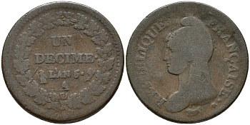 ФРАНЦИЯ 5 САНТИМОВ L'AN 9 BB KM 640.4 (С135.4) бронза 32-913