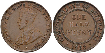 АВСТРАЛИЯ 1/2 ПЕННИ 1933 m, ГЕОРГ V (1910-1936) KM 22 бронза 67-1223