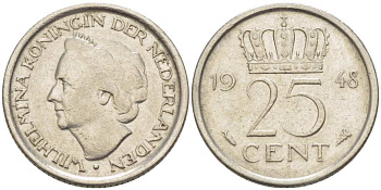 НИДЕРЛАНДЫ 25 ЦЕНТОВ 1948 ВИЛЬГЕЛЬМИНА (1890-1948) KM 178 никель 3309-352